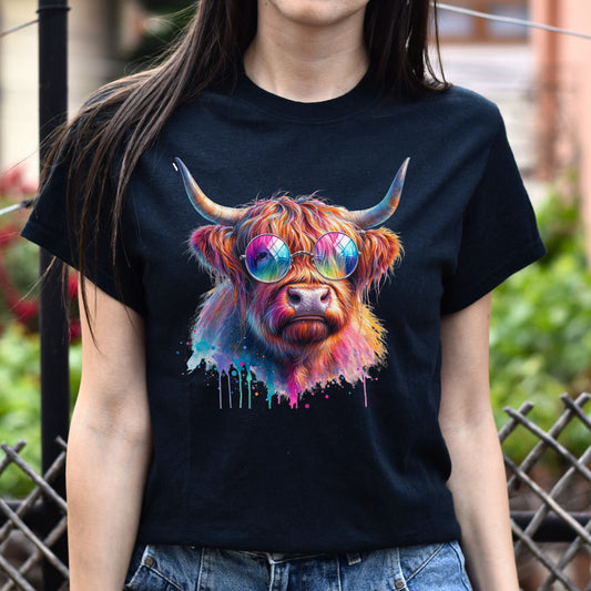 Highland cow Color splash Unisex T-Shirt Cool bull Black Navy Dark Heather-Black-Family-Gift-Planet