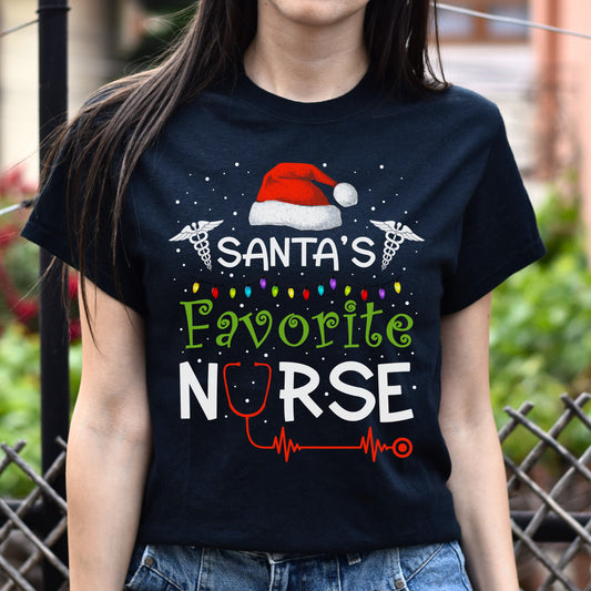 Santa's Favorite Nurse Christmas Unisex Shirt RN Holiday tee Black Dark Heather-Black-Family-Gift-Planet