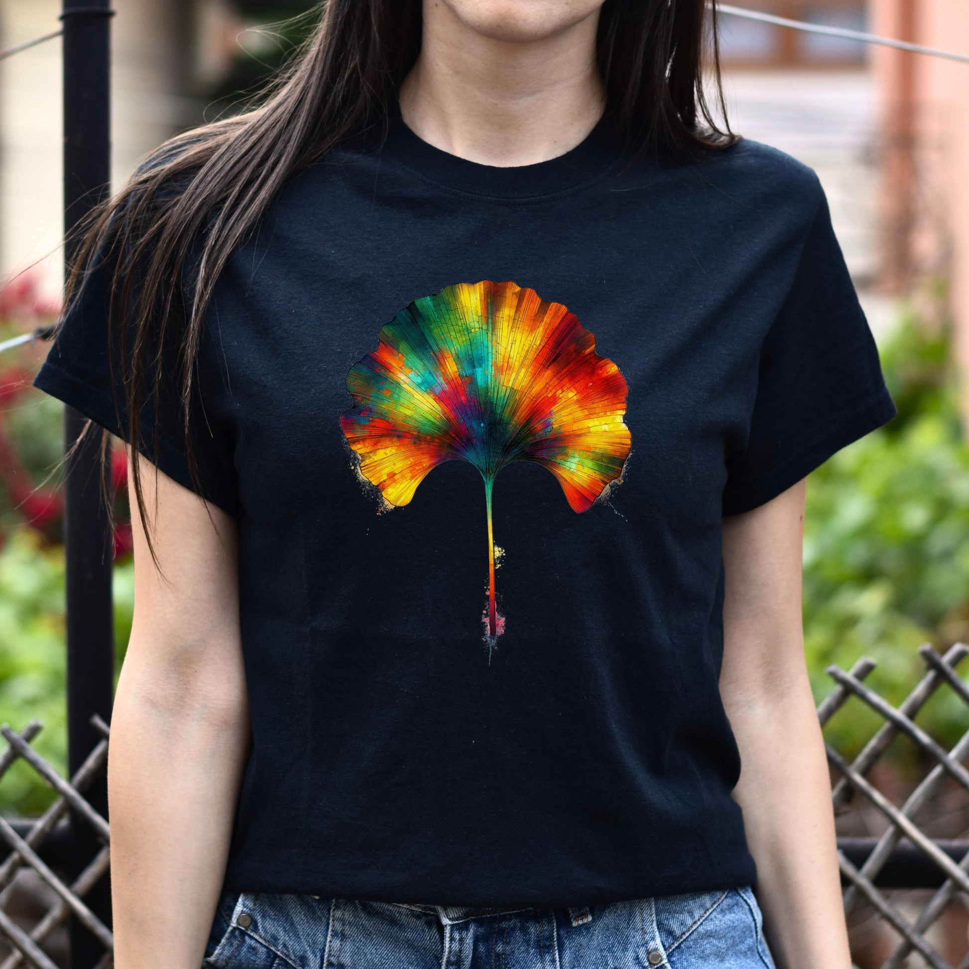 Colorful Ginkgo Leaf Color Splash Unisex T-shirt Black Navy Dark Heather-Black-Family-Gift-Planet