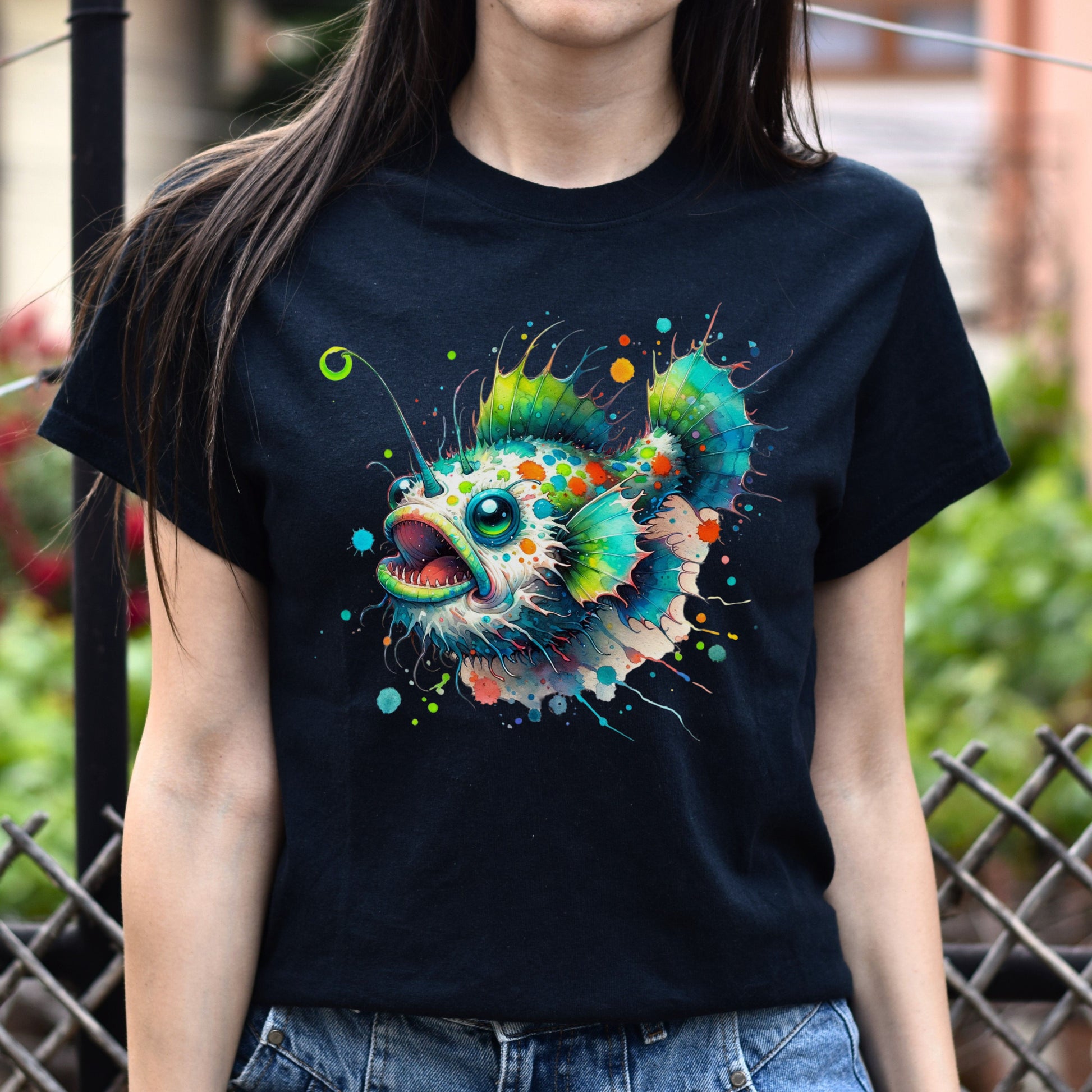 Artistic Anglerfish deep fish Color Splash Unisex T-shirt Black Navy Dark Heather-Black-Family-Gift-Planet