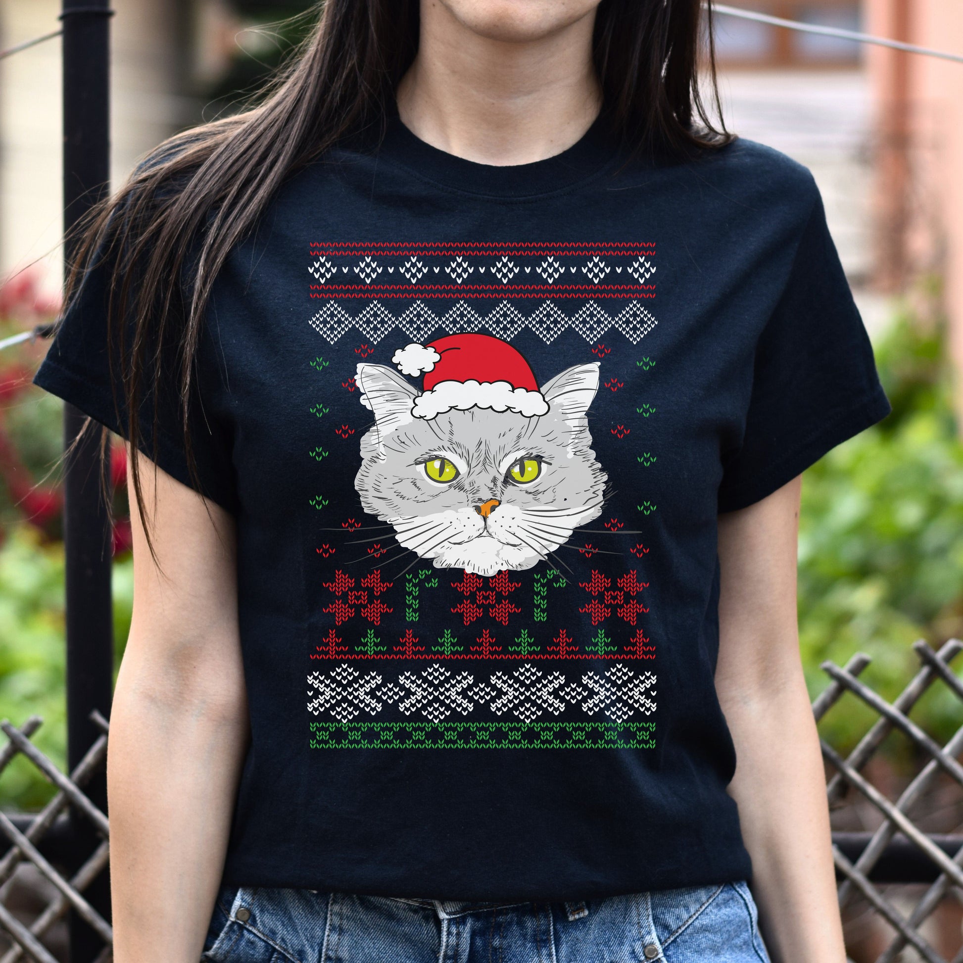 Cat Ugly Sweater Unisex shirt cat Christmas tee Black Dark Heather-Family-Gift-Planet