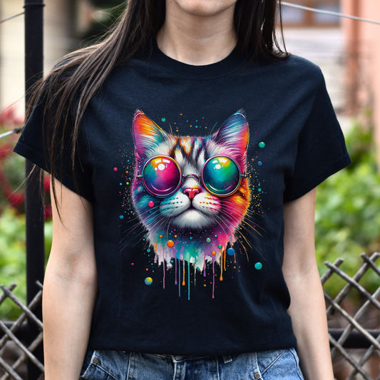 Cat with colorful eyeglasses Color Splash Unisex T-shirt Black Navy Dark Heather-Black-Family-Gift-Planet