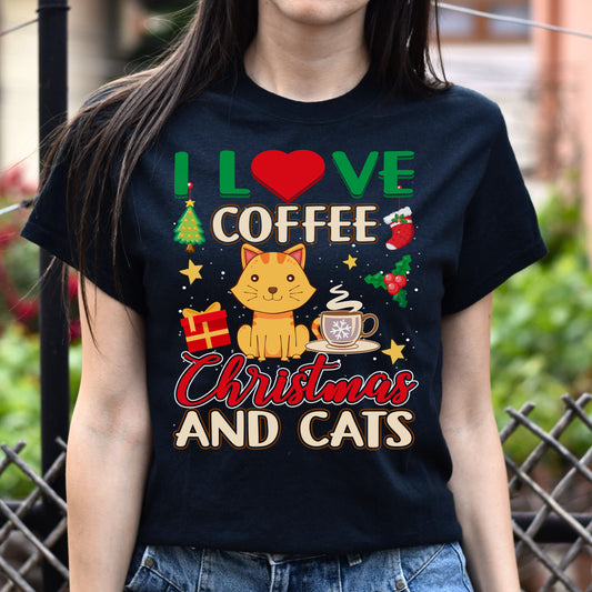 Coffee Christmas and Cats Unisex shirt cat Holiday tee Black Dark Heather-Black-Family-Gift-Planet