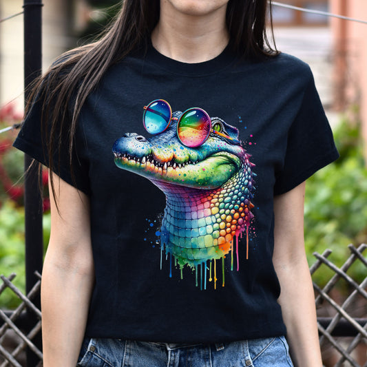 Cool crocodile with eyeglasses Color Splash Unisex T-shirt Black Navy Dark Heather-Family-Gift-Planet