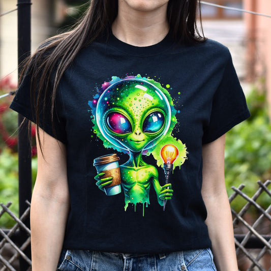 Cute alien with coffee Color Splash Unisex T-shirt Black Navy Dark Heather-Black-Family-Gift-Planet
