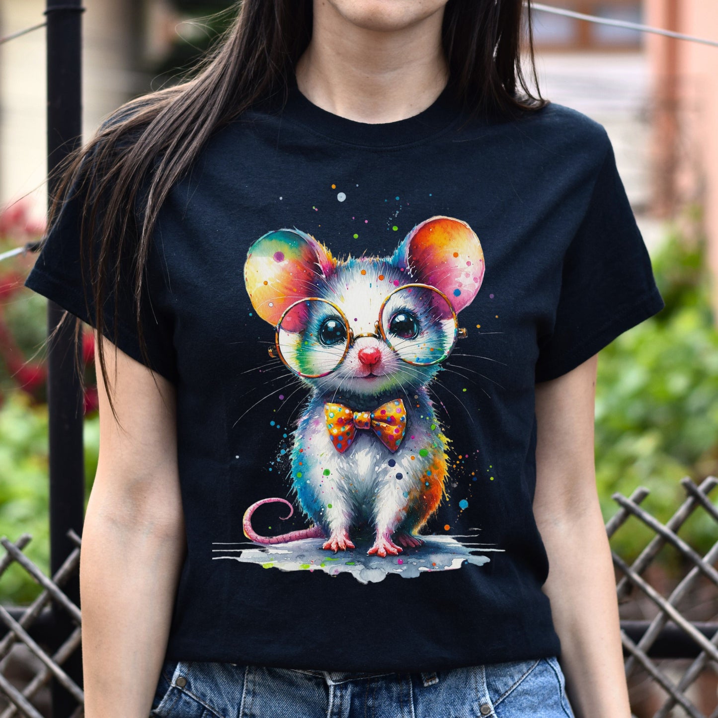 Cute inteligent mouse with glasses Color Splash Unisex T-shirt-Family-Gift-Planet