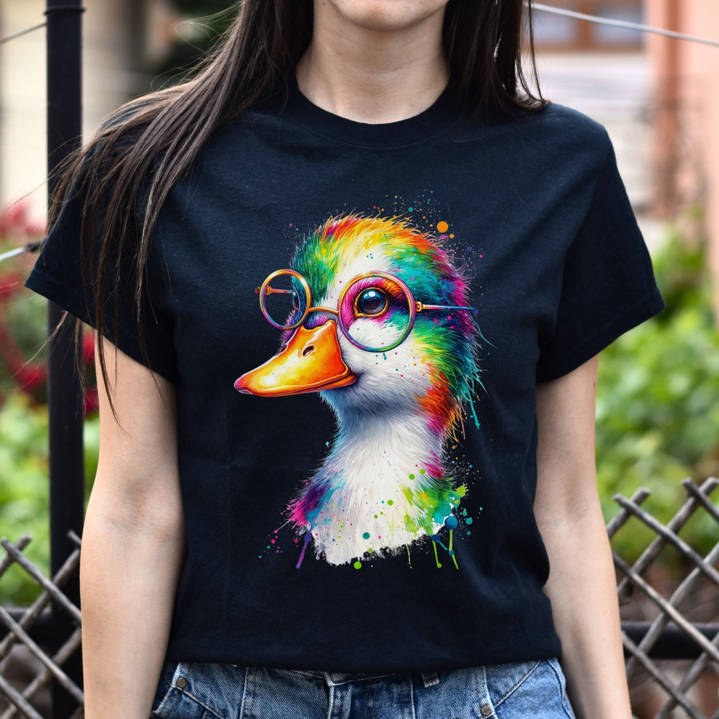 Duck with Eyeglasses Color Splash Unisex T-shirt Black Navy Dark Heather-Black-Family-Gift-Planet