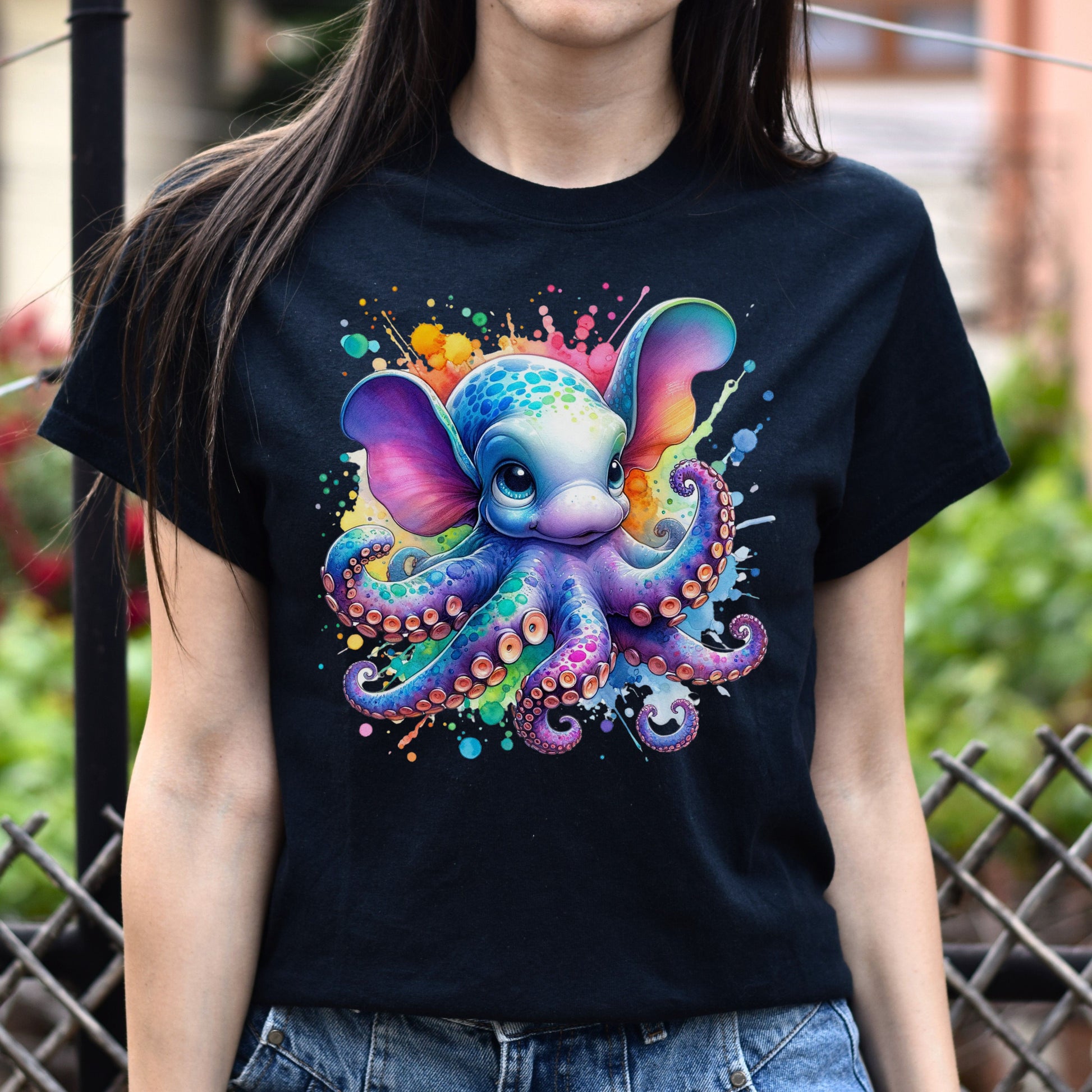 Artistic Dumbo Octopus Color Splash Unisex T-shirt Black Navy Dark Heather-Family-Gift-Planet