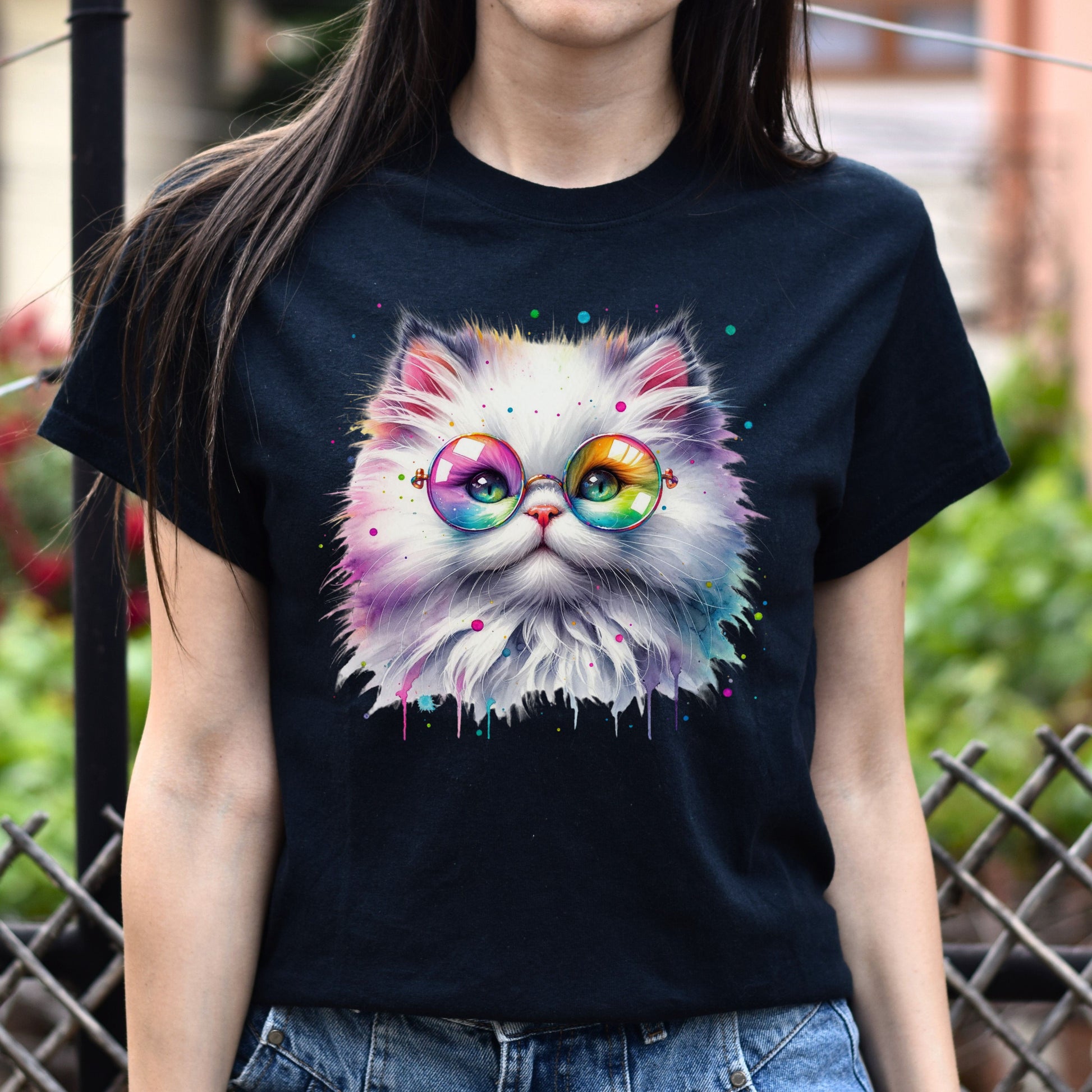 Fluffy kitten with glasses Color Splash Unisex T-shirt Black Navy Dark Heather-Family-Gift-Planet