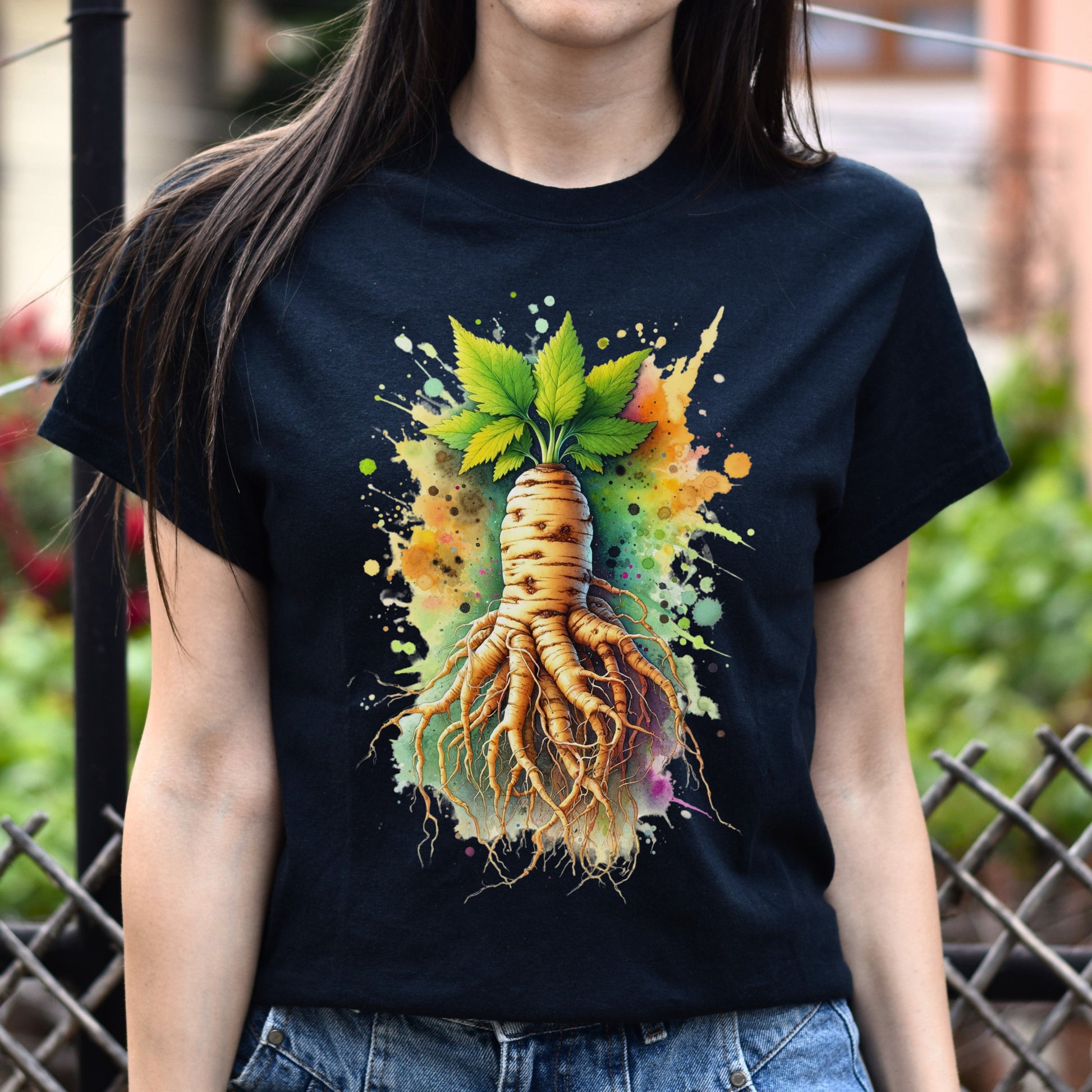 Artistic Ginseng Root Color Splash Unisex T-shirt Black Navy Dark Heather-Family-Gift-Planet