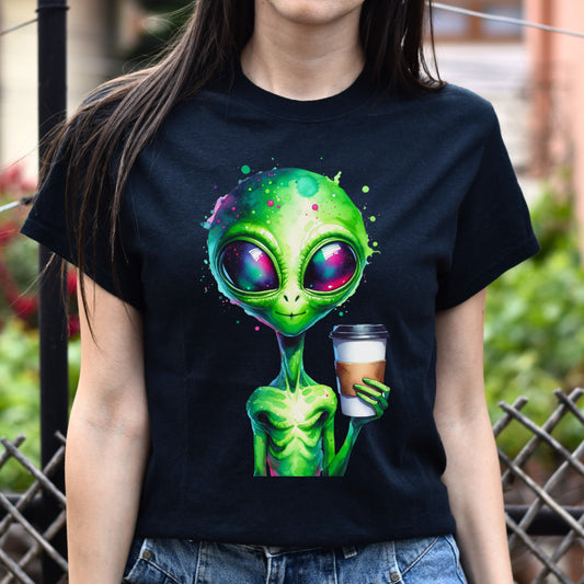 Green alien with tall coffee Color Splash Unisex T-shirt Black Navy Dark Heather-Black-Family-Gift-Planet
