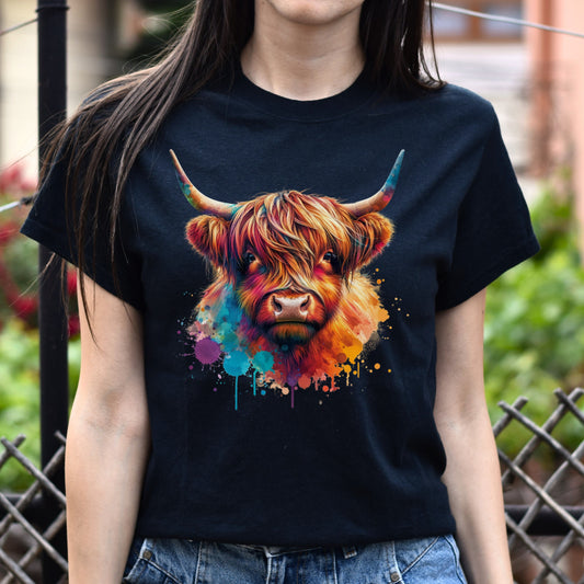 Highland cow Color Splash Unisex T-Shirt Black Navy Dark Heather-Black-Family-Gift-Planet