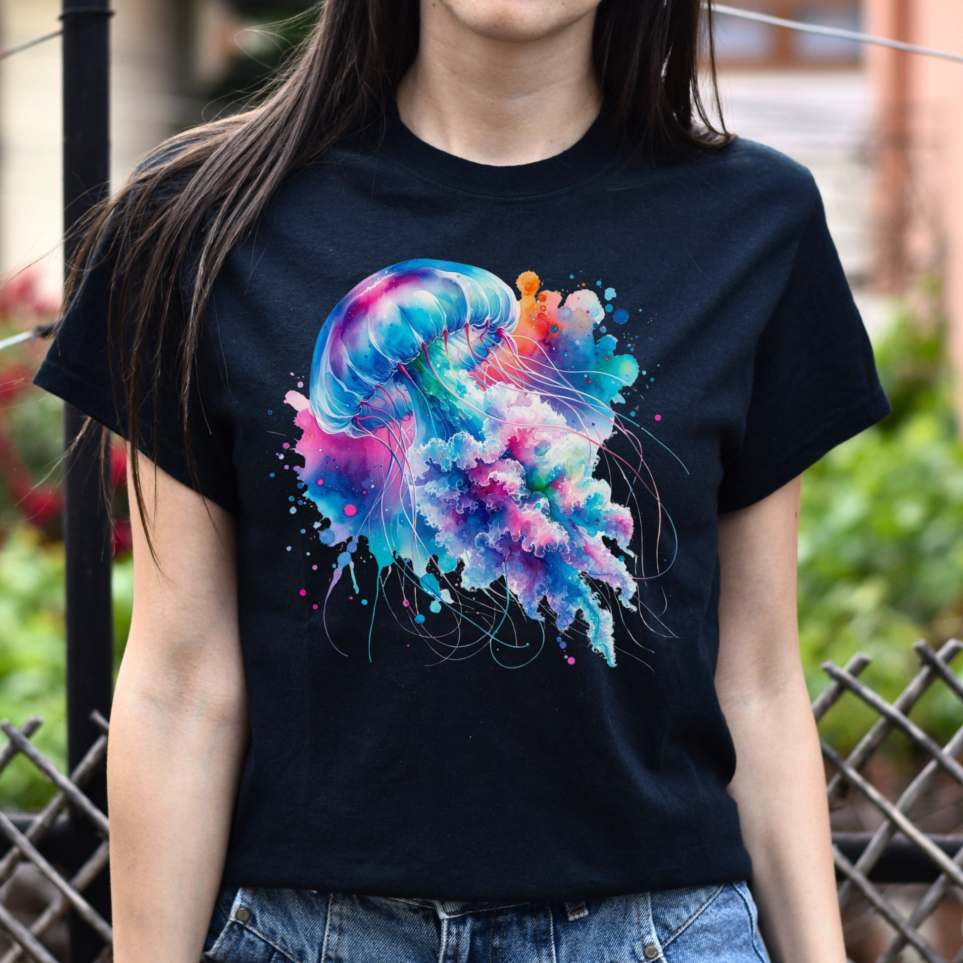 Jellyfish Color Splash Unisex T-Shirt Black Navy Dark Heather-Black-Family-Gift-Planet