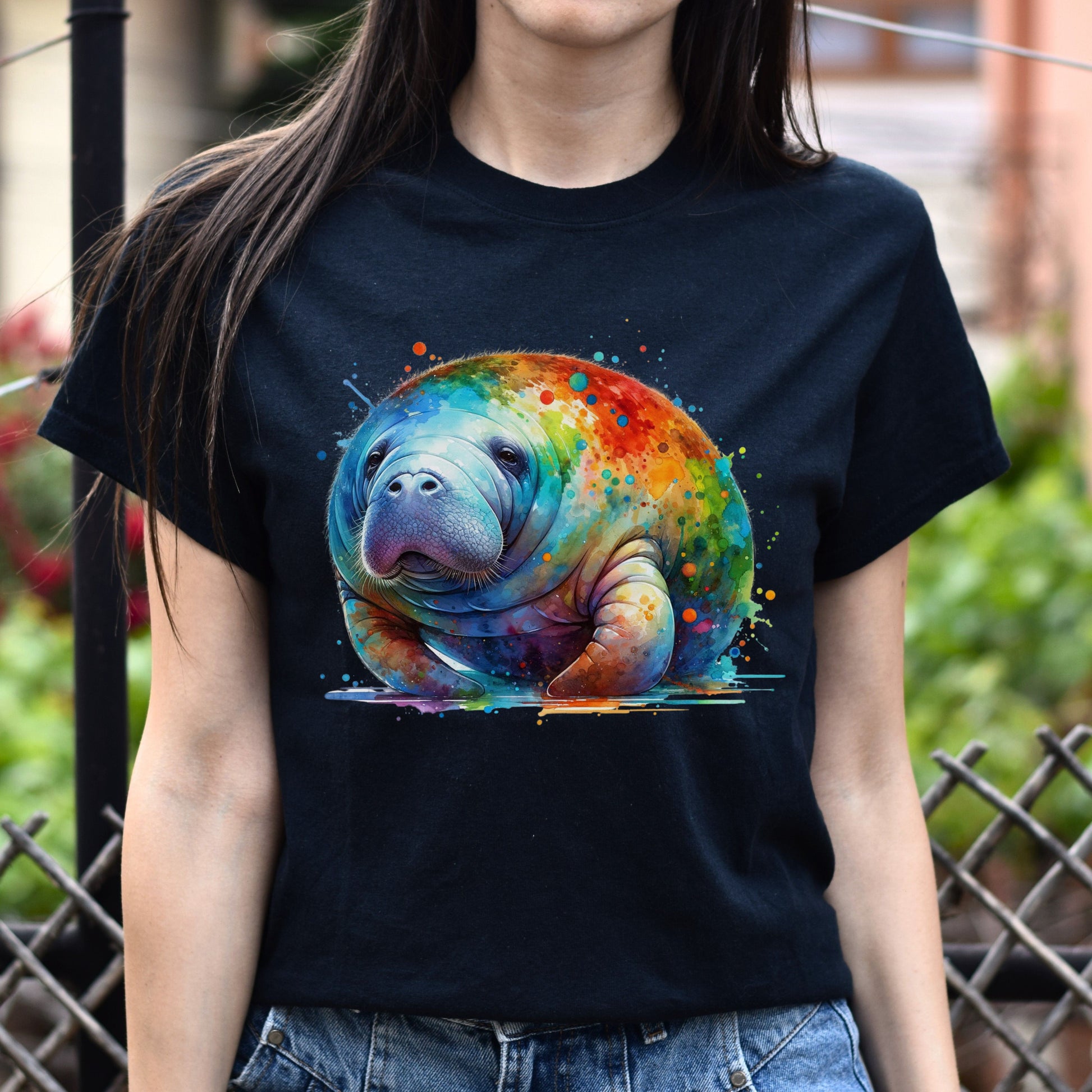 Artistic Manatee Color Splash Unisex T-shirt Black Navy Dark Heather-Black-Family-Gift-Planet