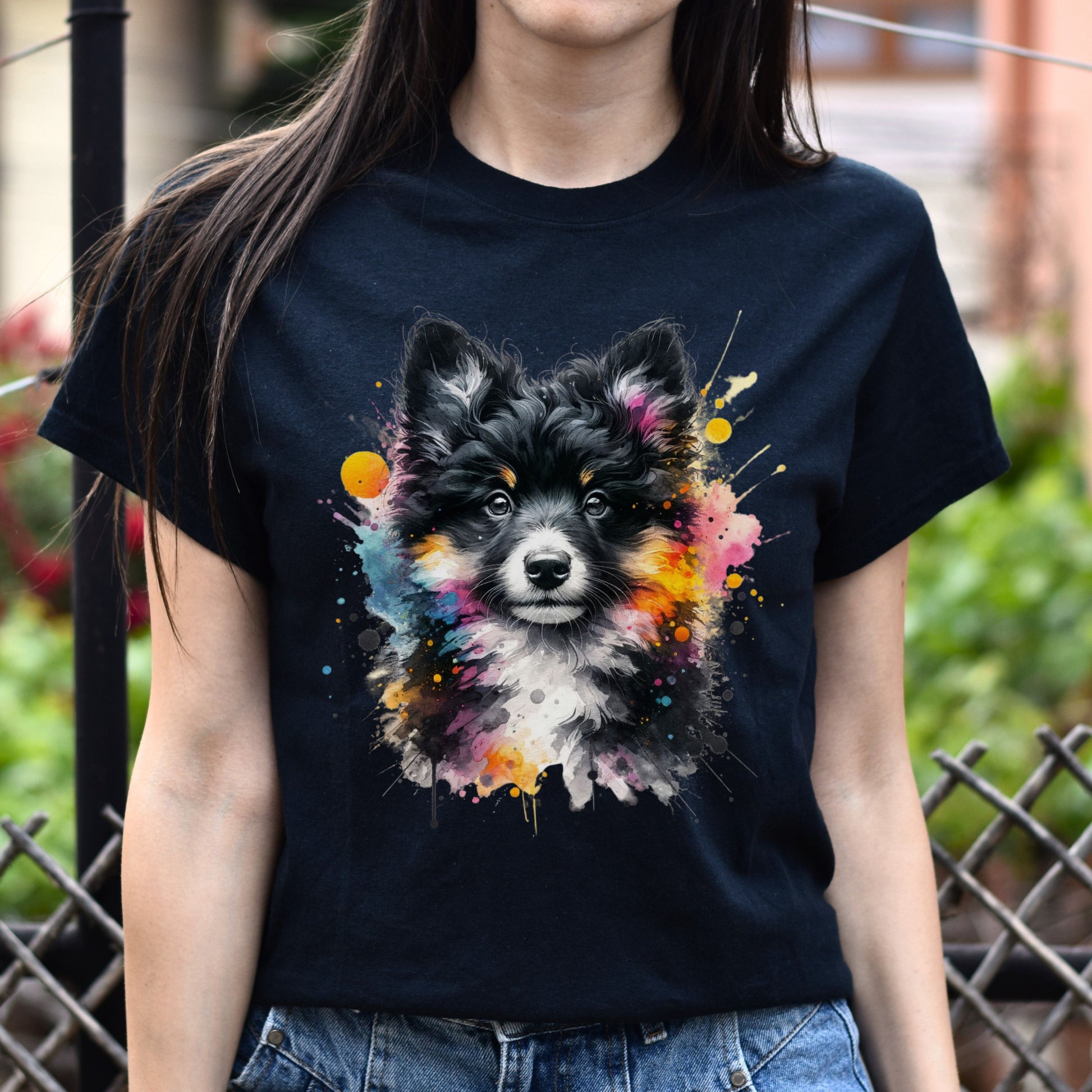 Artistic Mudi dog mama Color Splash Unisex T-shirt Black Navy Dark Heather-Family-Gift-Planet