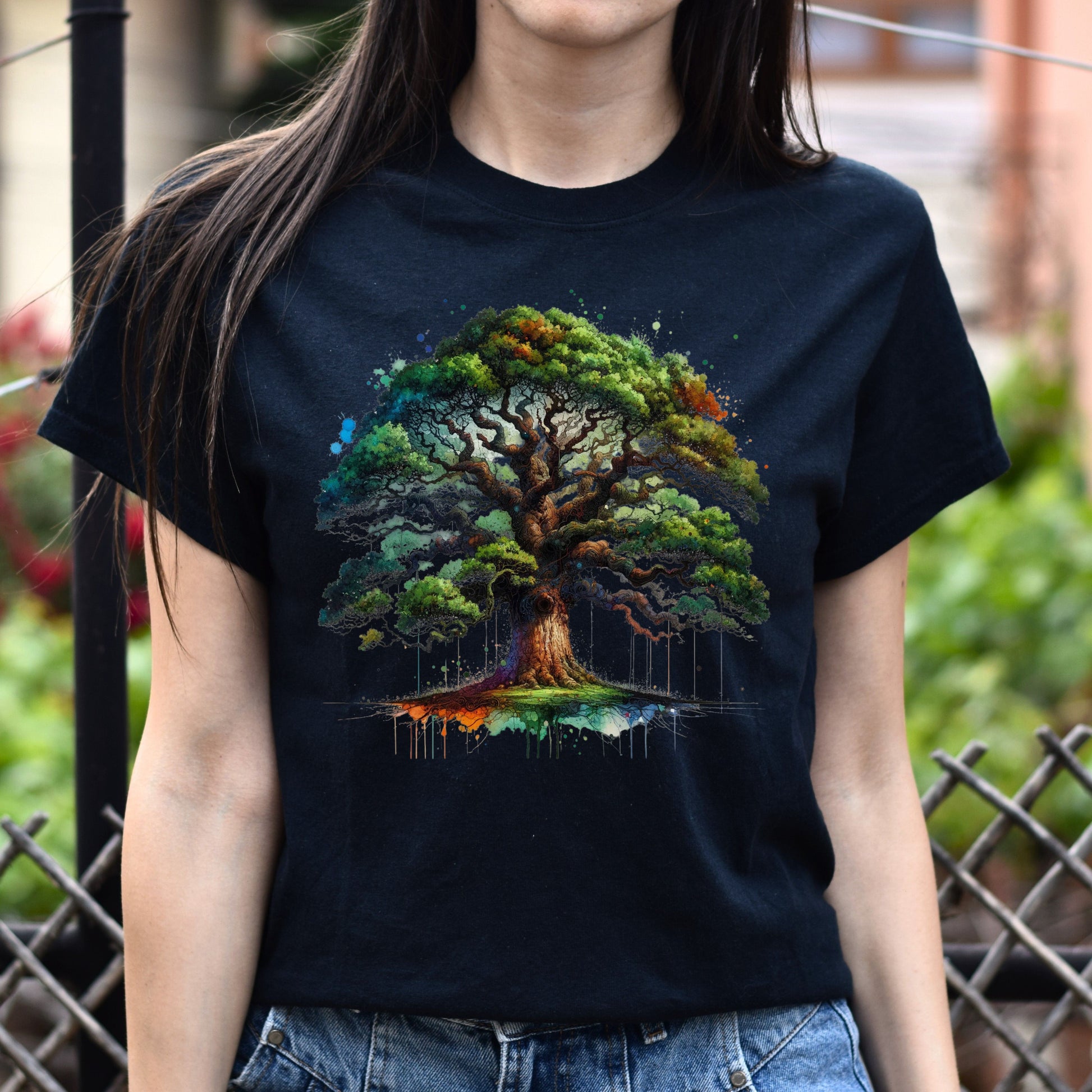 Artistic Oak Tree Color Splash Unisex T-shirt Black Navy Dark Heather-Black-Family-Gift-Planet