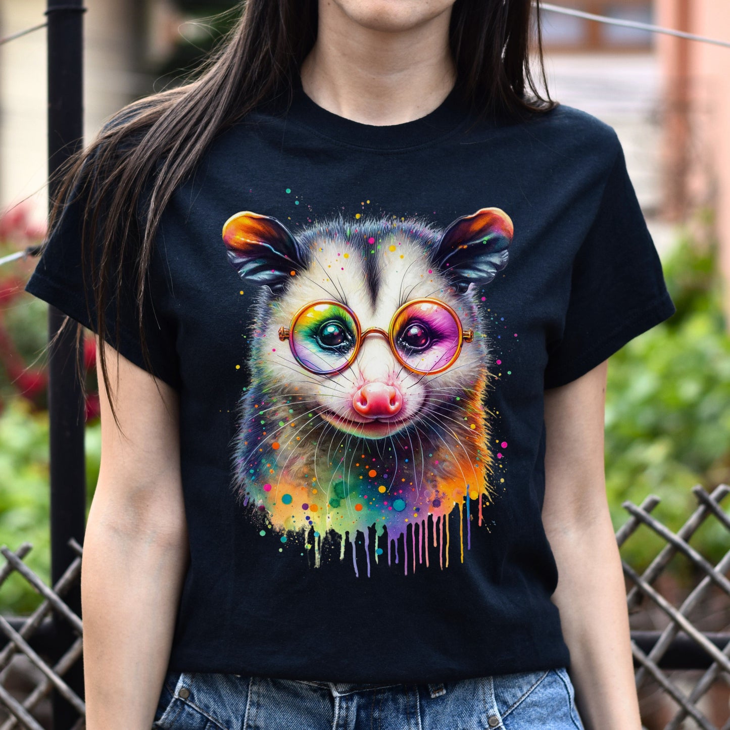 Opossum with glasses Color Splash Unisex T-shirt Black Navy Dark Heather-Family-Gift-Planet