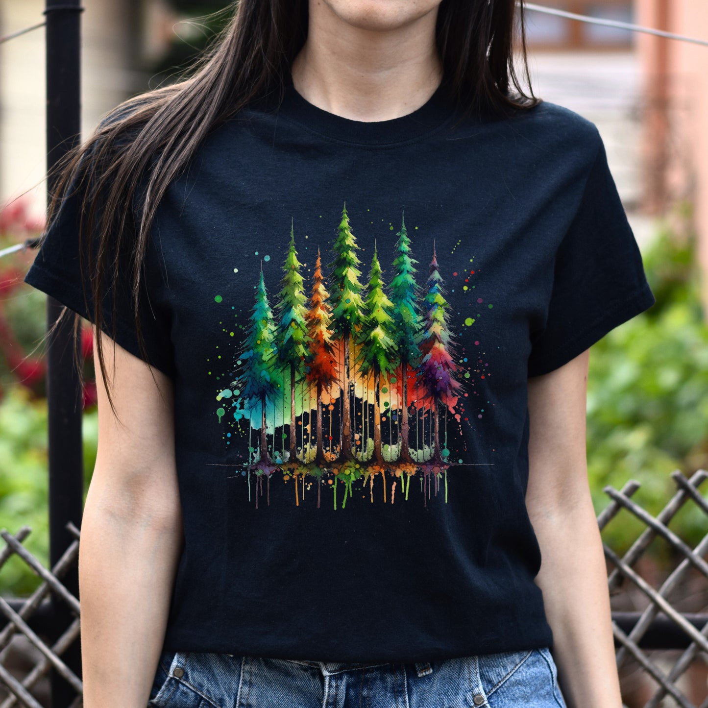 Mysterious Pine tree forest Color Splash Unisex T-shirt Black Navy Dark Heather-Black-Family-Gift-Planet