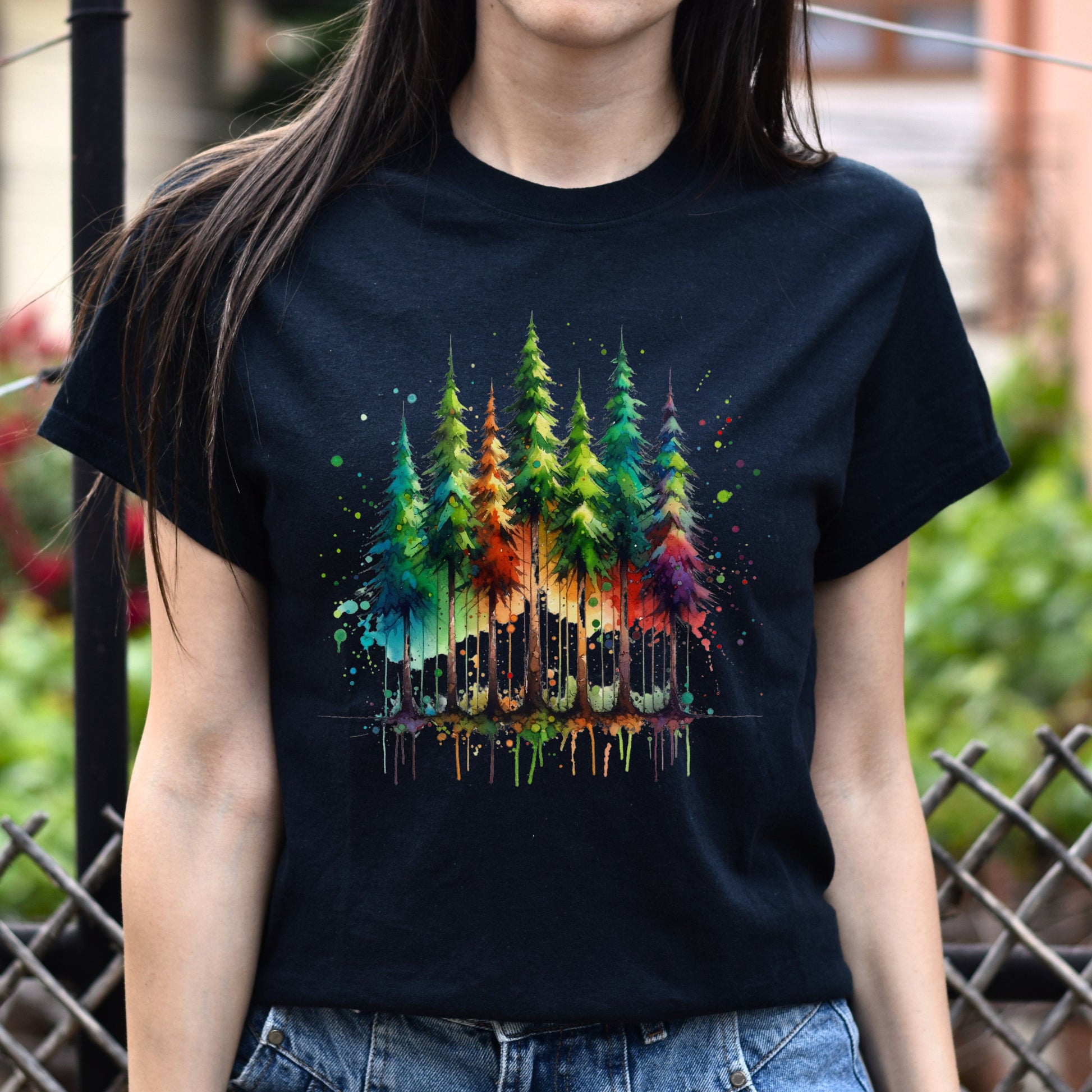 Mysterious Pine tree forest Color Splash Unisex T-shirt Black Navy Dark Heather-Black-Family-Gift-Planet