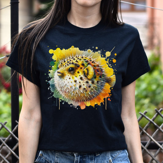 Vibrant Pufferfish Color Splash Unisex T-shirt Black Navy Dark Heather-Black-Family-Gift-Planet