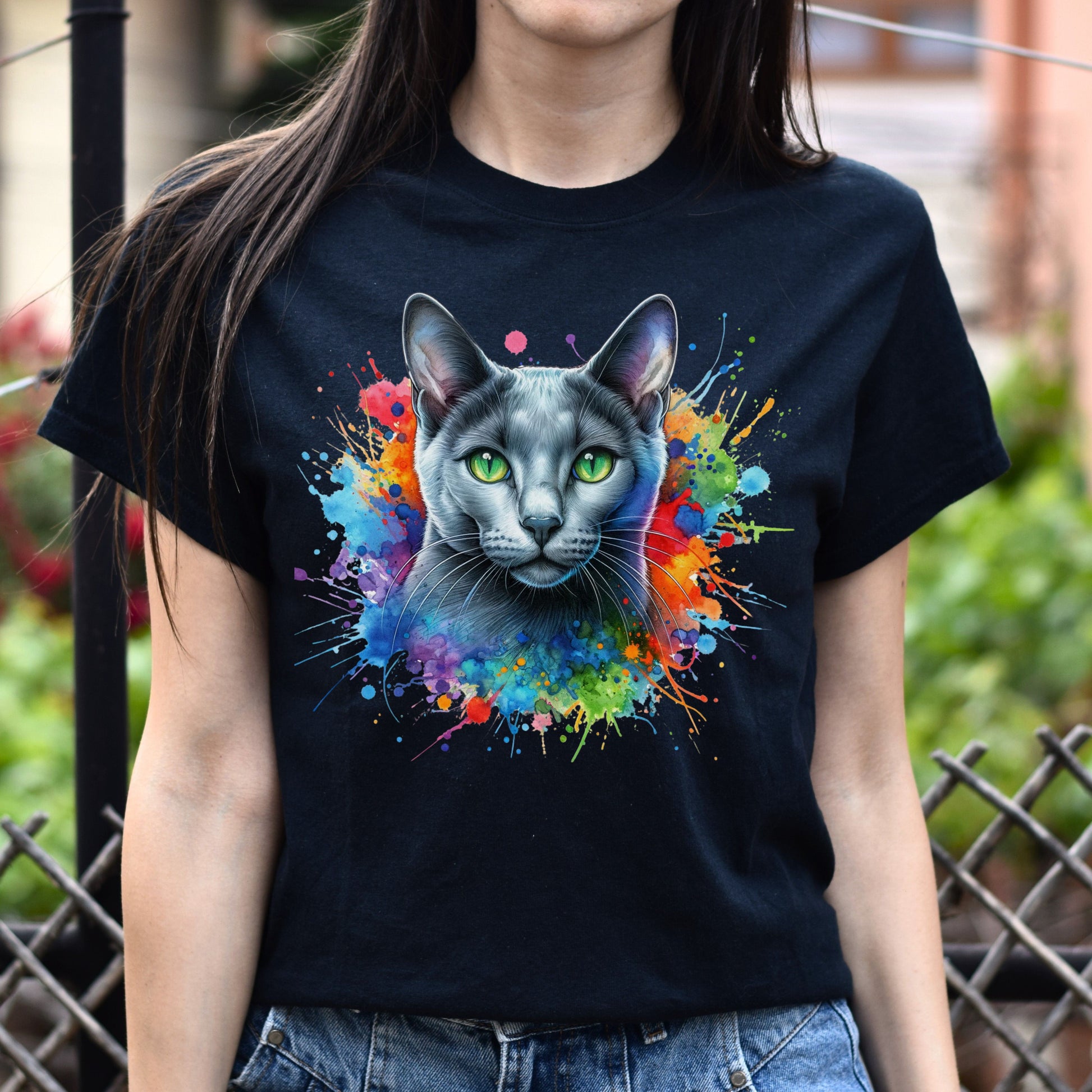 Russian Blue Cat Color Splash Unisex T-Shirt Black Navy Dark Heather-Black-Family-Gift-Planet