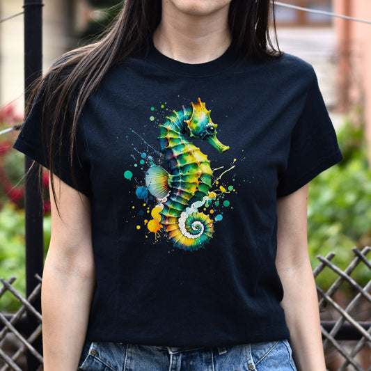 Artistic Seahorse Color Splash Unisex T-shirt Black Navy Dark Heather-Black-Family-Gift-Planet