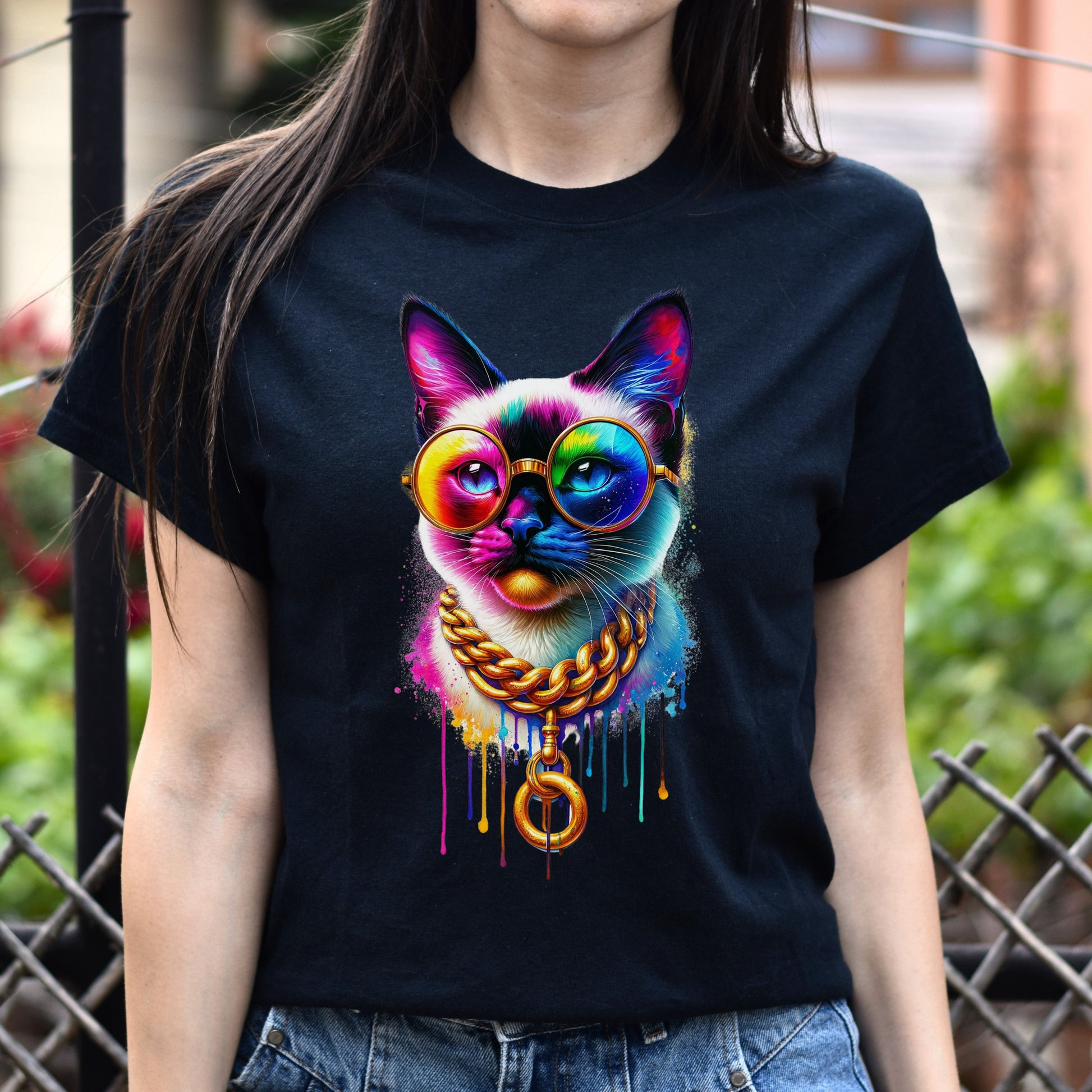 Siamese cat in hip style Color Splash Unisex T-shirt Black Navy Dark Heather-Family-Gift-Planet