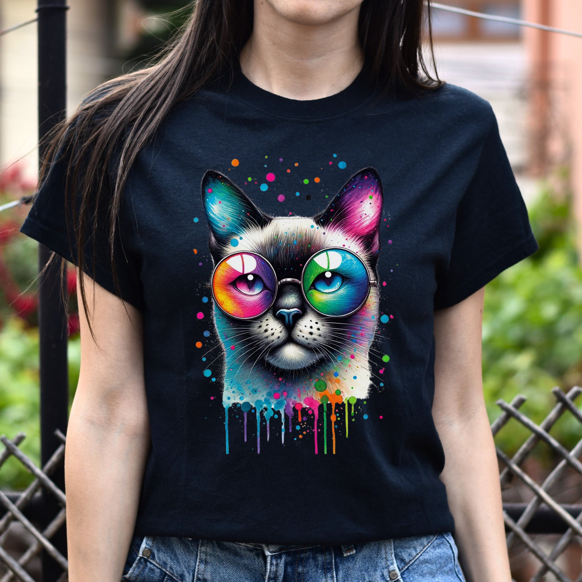 Siamese cat with eyeglasses Color Splash Unisex T-shirt Black Navy Dark Heather-Family-Gift-Planet