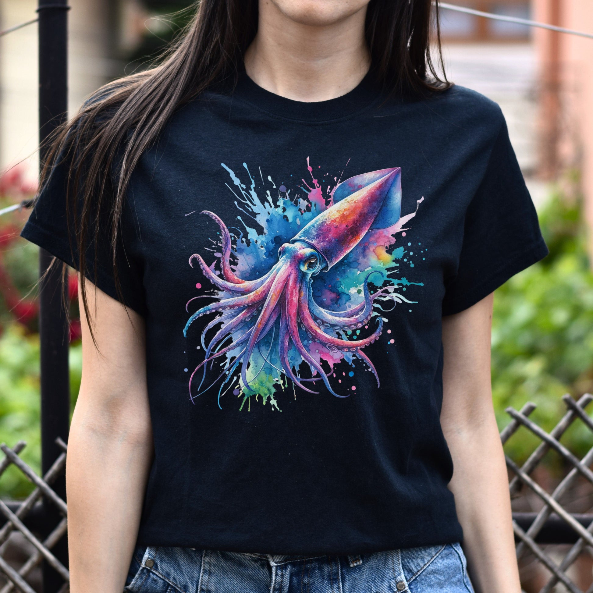 Artistic Squid Color Splash Unisex T-shirt Black Navy Dark Heather-Black-Family-Gift-Planet