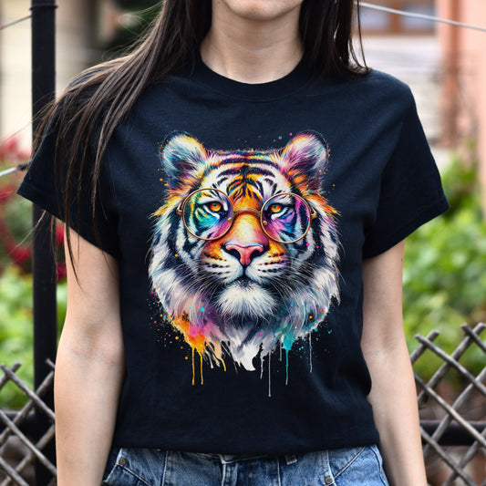 Tiger with eyeglasses Color Splash Unisex T-shirt Black Navy Dark Heather-Black-Family-Gift-Planet