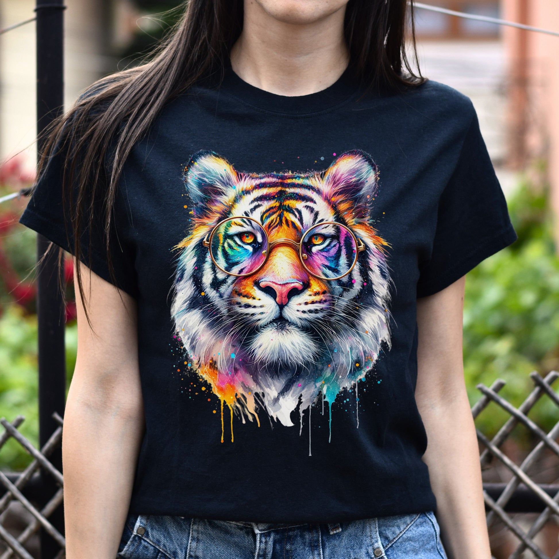 Tiger with eyeglasses Color Splash Unisex T-shirt Black Navy Dark Heather-Black-Family-Gift-Planet