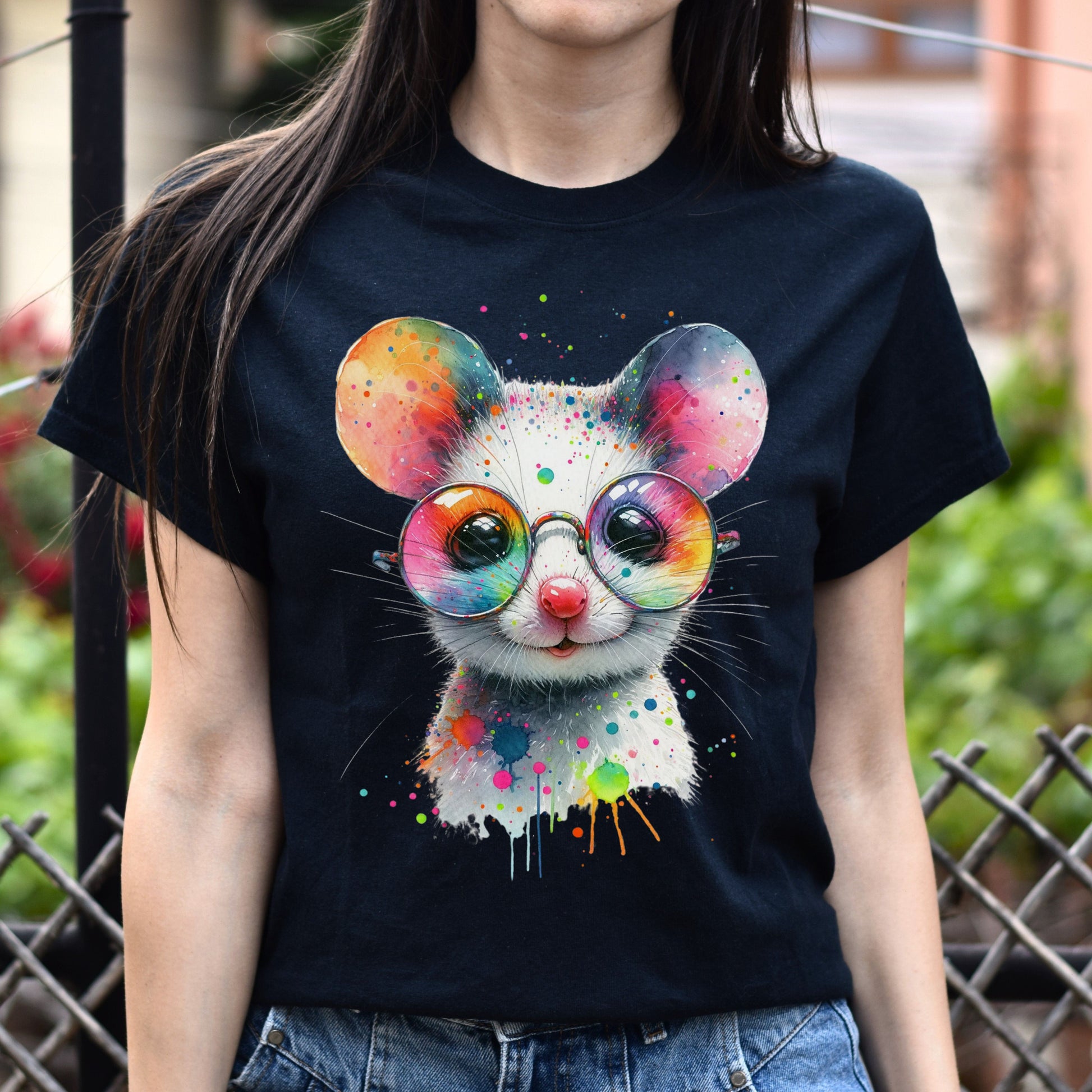 Whimsical mouse with glasses Color Splash Unisex T-shirt Black Navy Dark Heather-Family-Gift-Planet