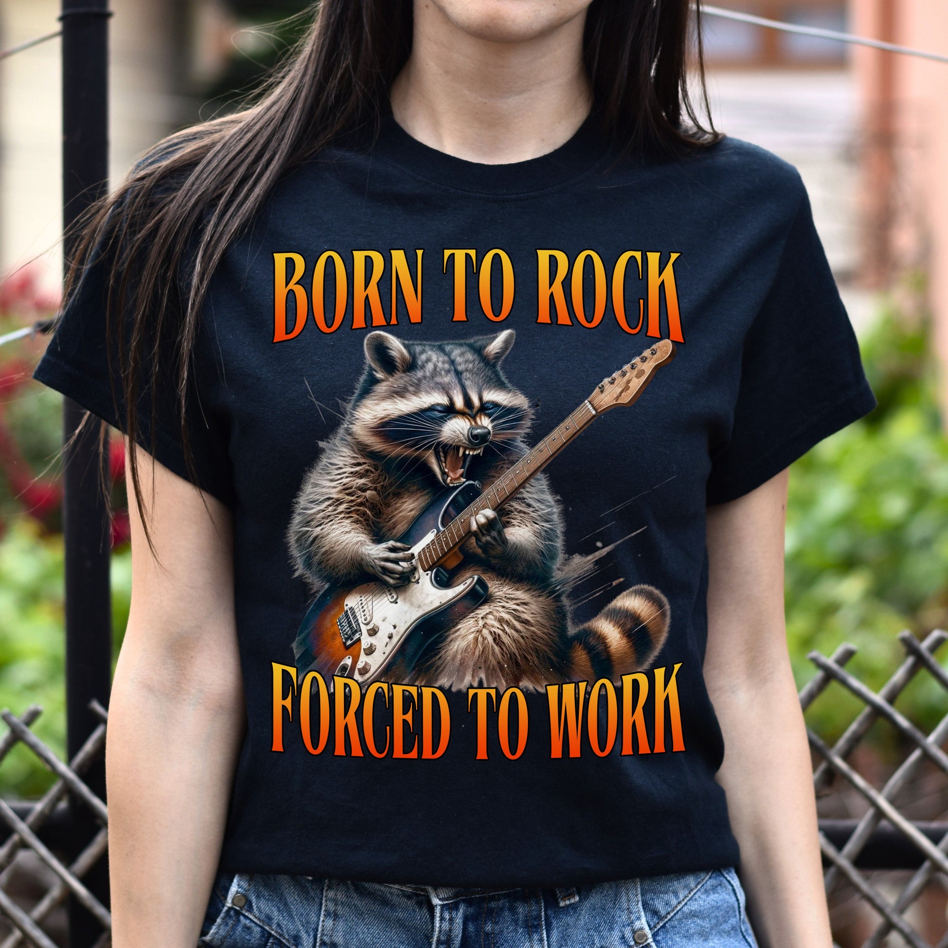 Born to rock forced to work T-Shirt Guitar player funny racoon musician gift Unisex tee Black Navy Dark Heather-Black-Family-Gift-Planet