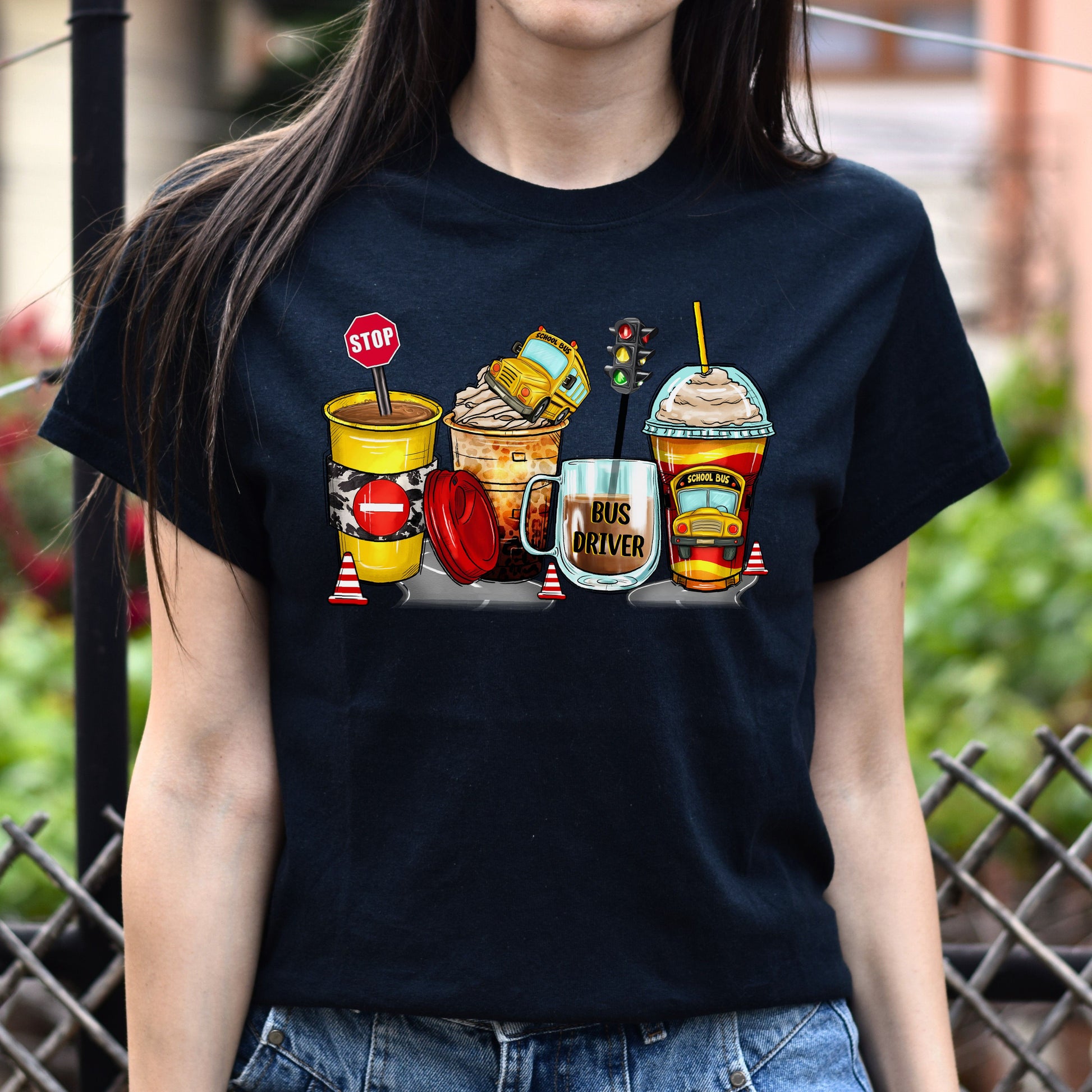 School bus driver and coffee cups unisex tshirt back to school tee S-5XL-Black-Family-Gift-Planet