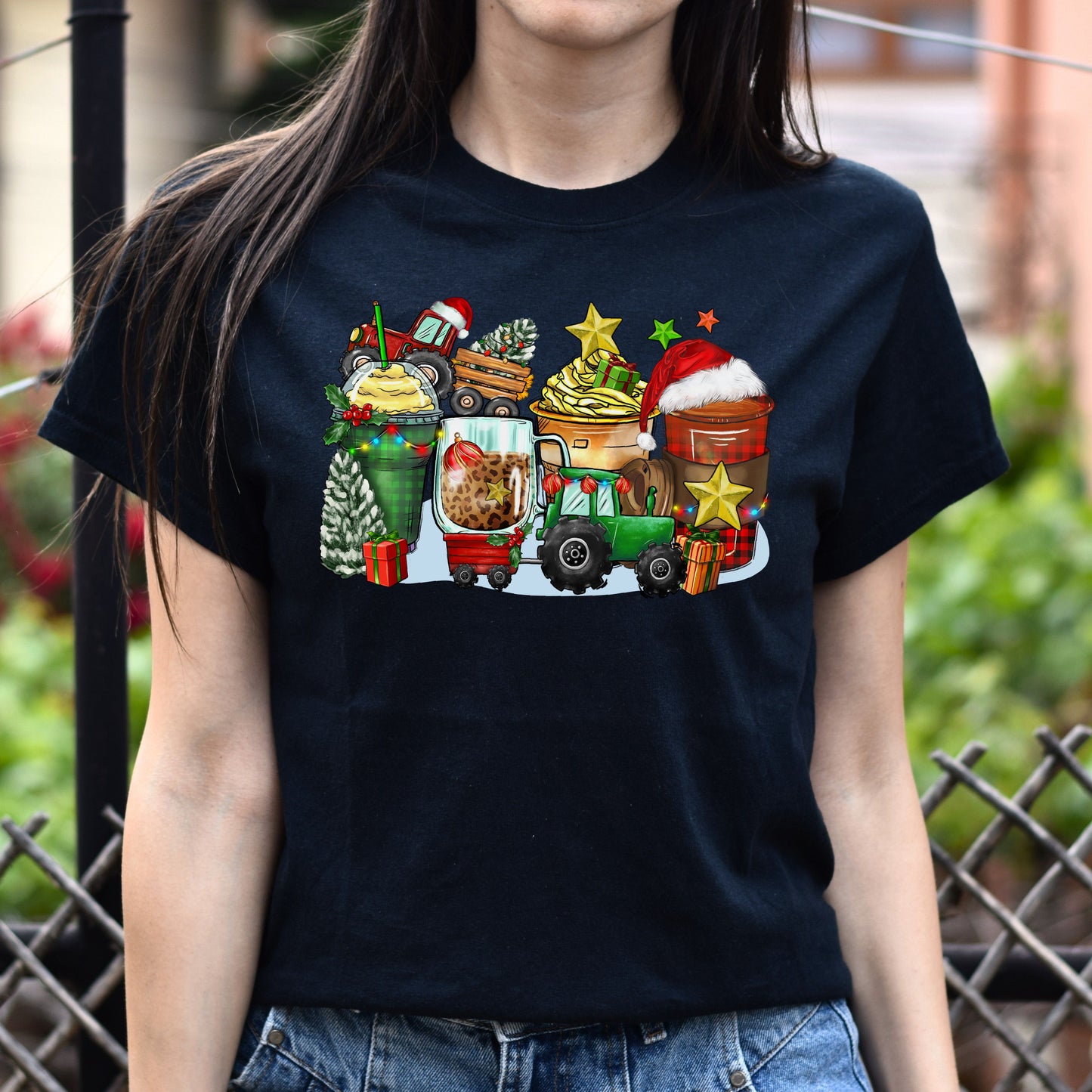 Christmas tractor and coffee cups unisex tshirt tractor owner tee S-5XL-Family-Gift-Planet