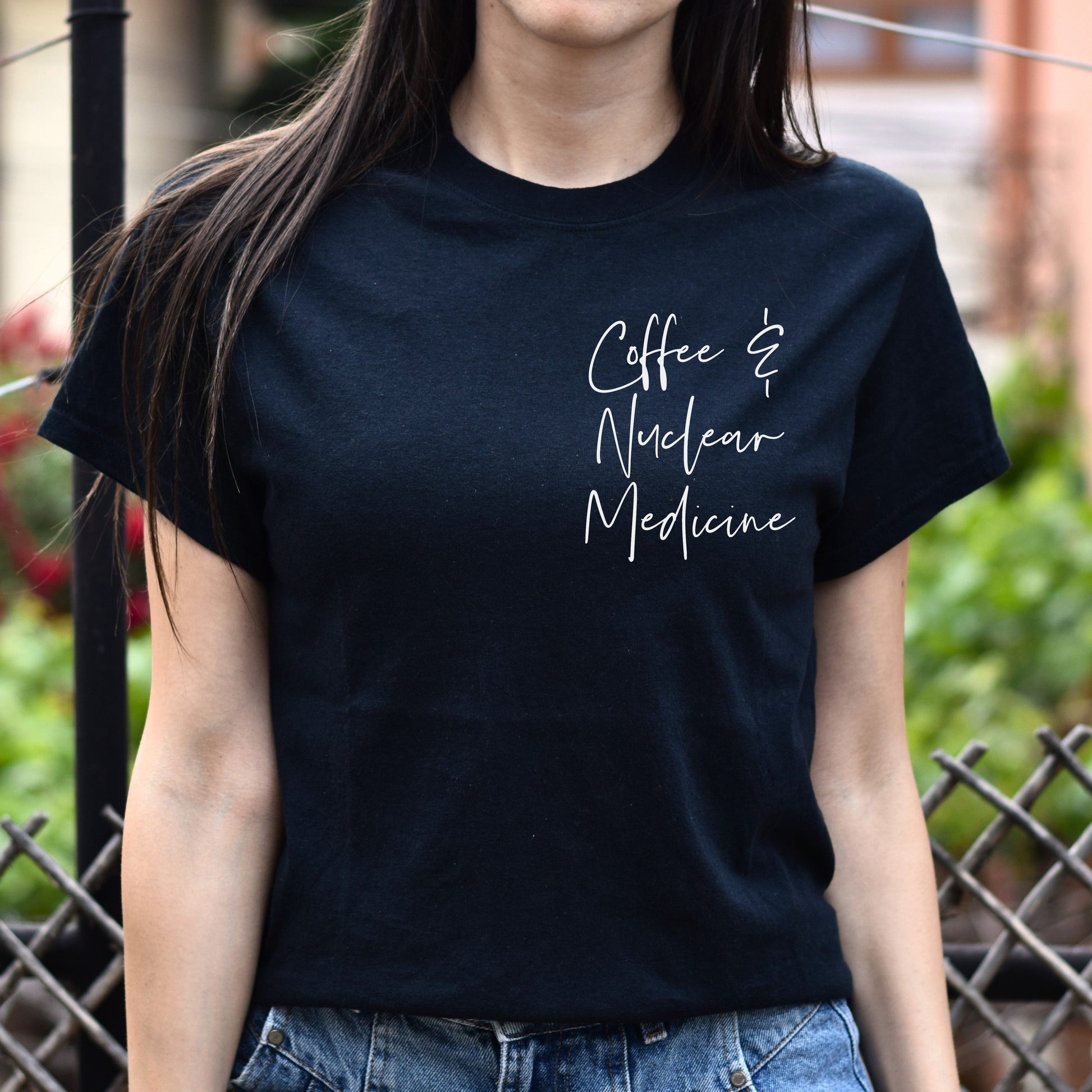 Coffee and nuclear medicine pocket Unisex T-shirt Nuc Med tee Black Navy Dark Heather-Family-Gift-Planet