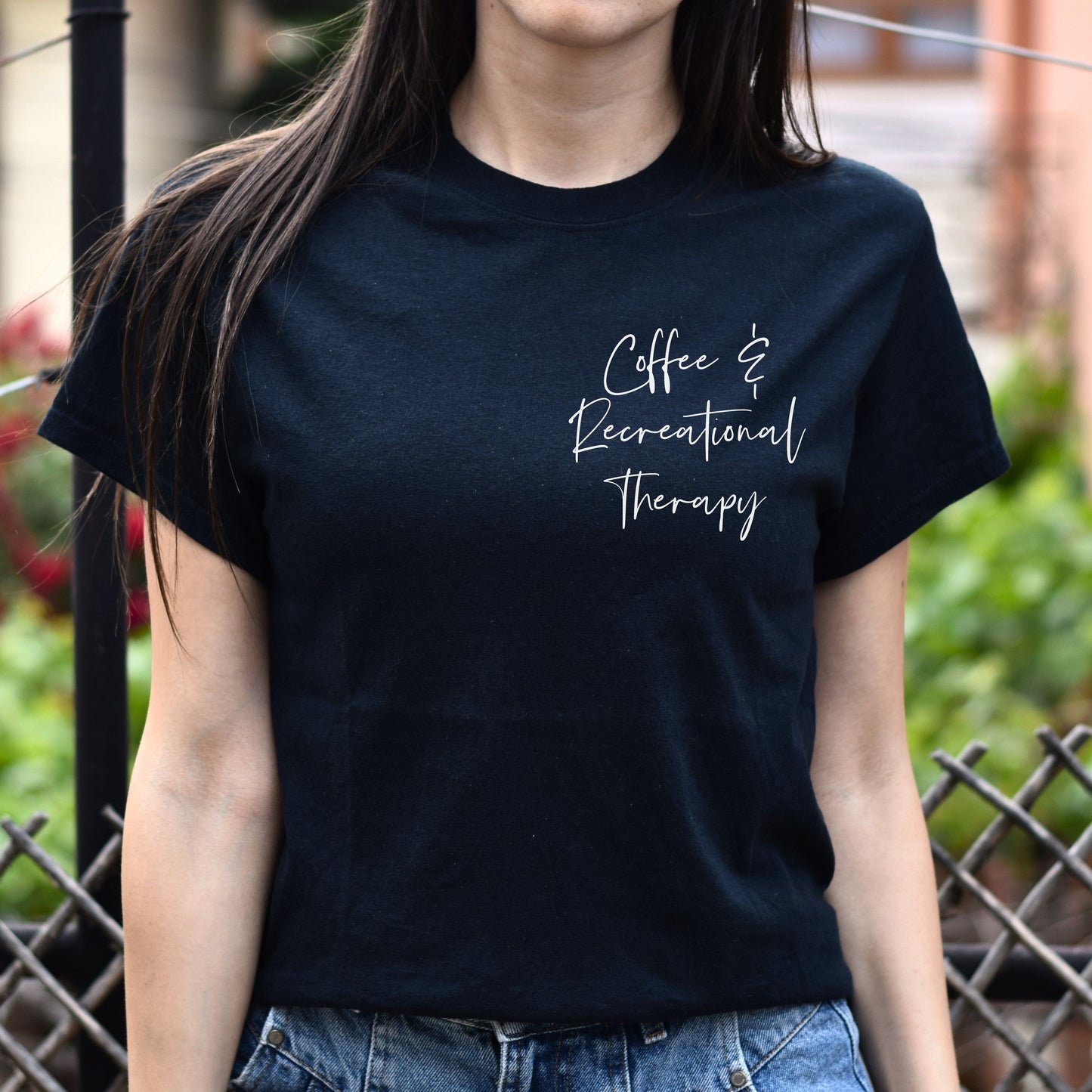 Coffee and recreational therapy pocket Unisex T-shirt RT tee Black Navy Dark Heather-Family-Gift-Planet
