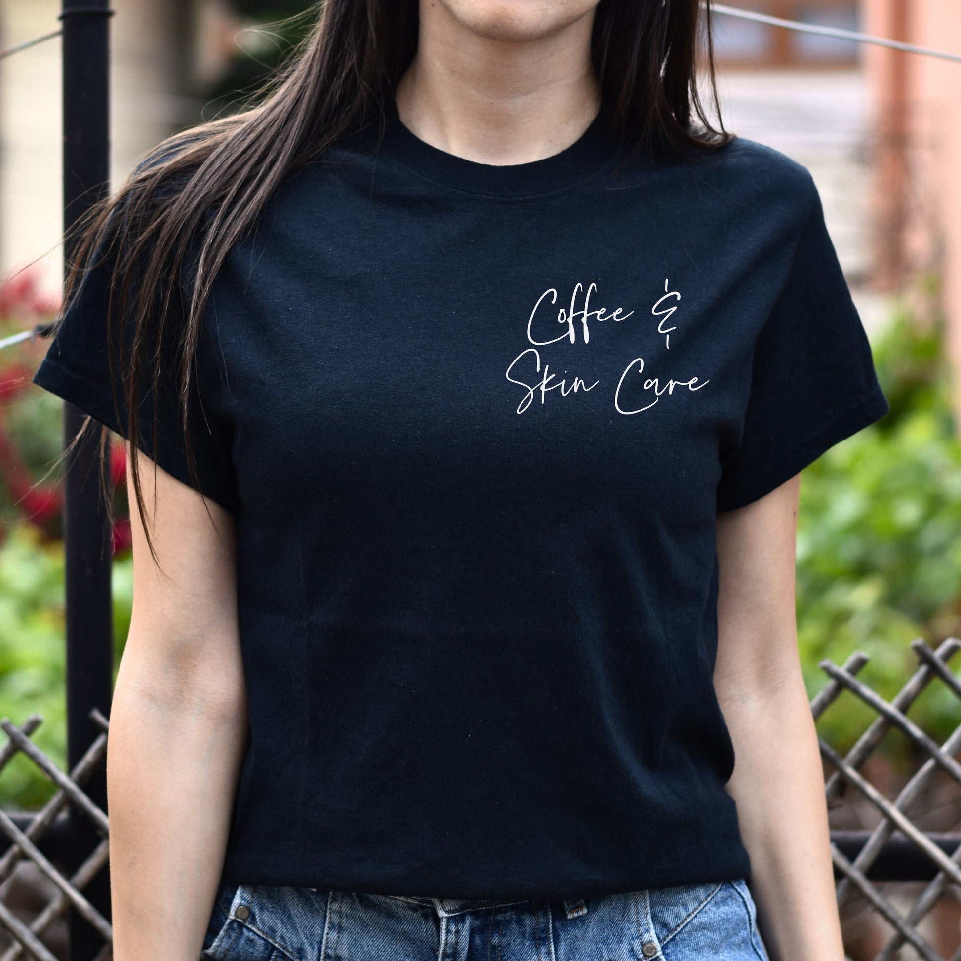 Coffee and skin care pocket Unisex T-shirt Esthetician tee Black Navy Dark Heather-Family-Gift-Planet