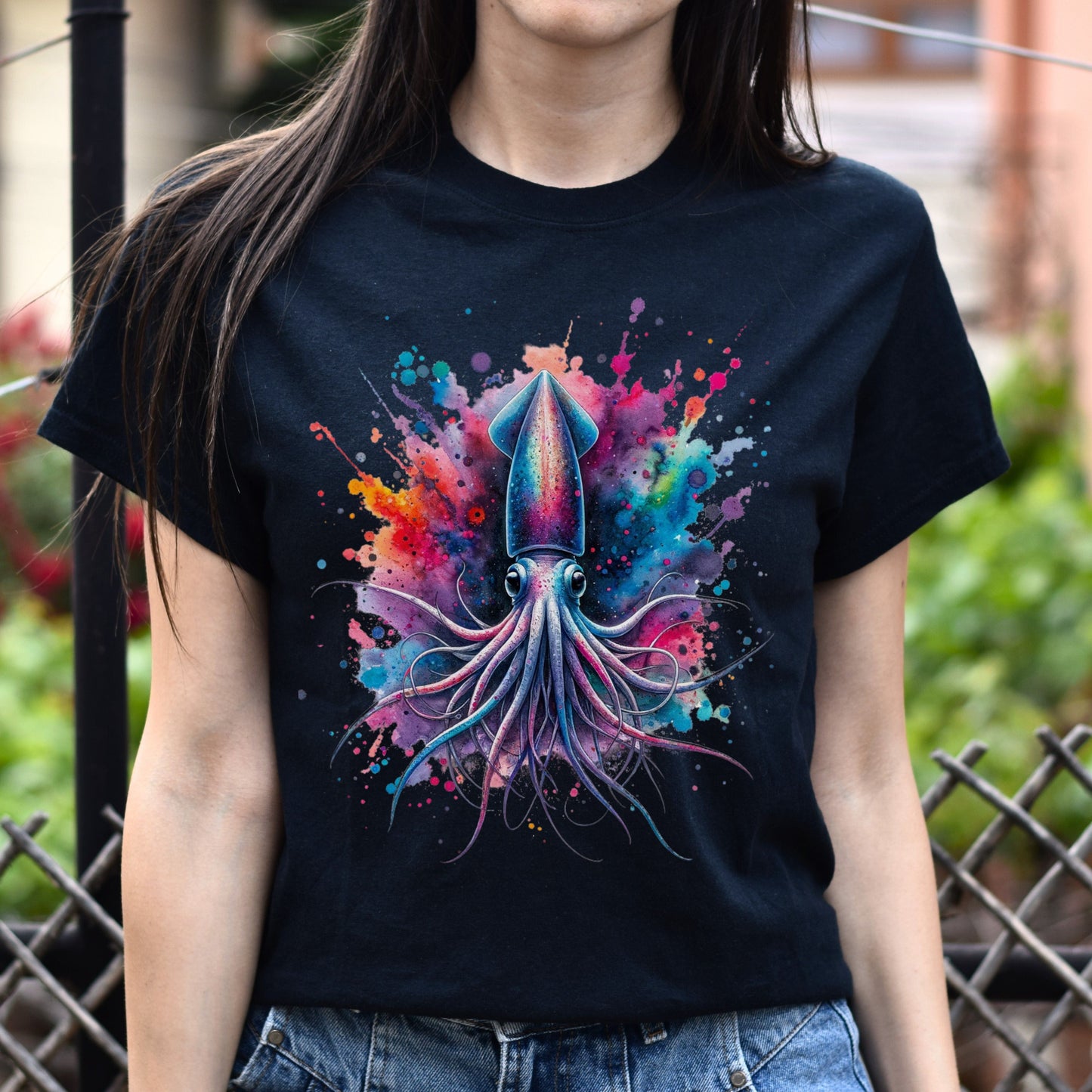Artistic Deep sea squid Color Splash Unisex T-shirt Black Navy Dark Heather-Family-Gift-Planet