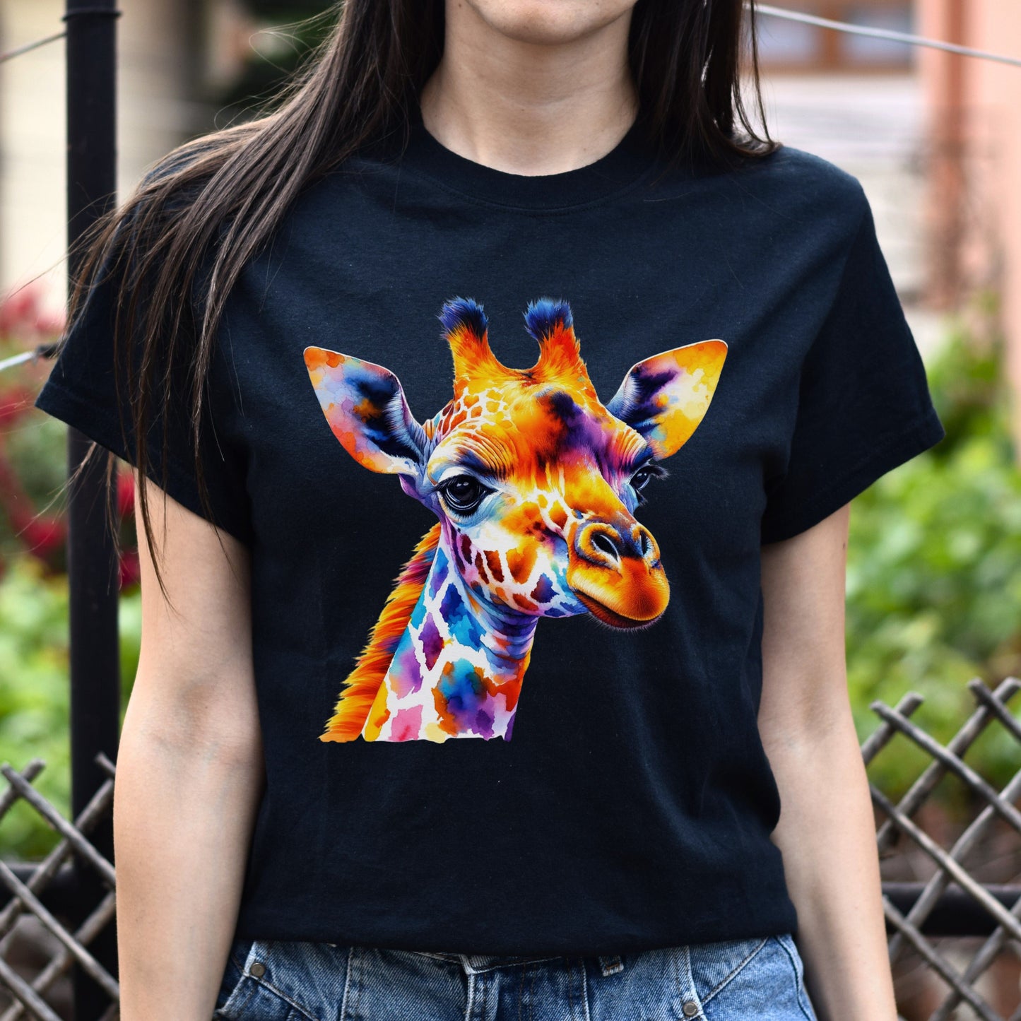 Artistic Giraffe vibrant colorful Unisex T-shirt Black Navy Dark Heather-Family-Gift-Planet