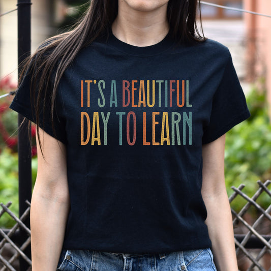 It's a beautiful day to learn Unisex T-Shirt School Teacher tee Black Dark Heather White-Black-Family-Gift-Planet