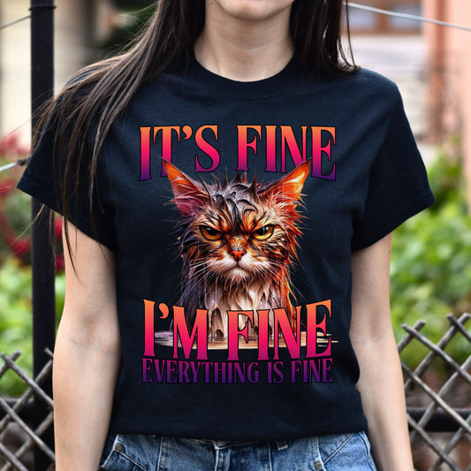 it's fine i'm fine everything is fine T-Shirt Cat sarcastic positive Unisex tee Black Navy Dark Heather-Black-Family-Gift-Planet