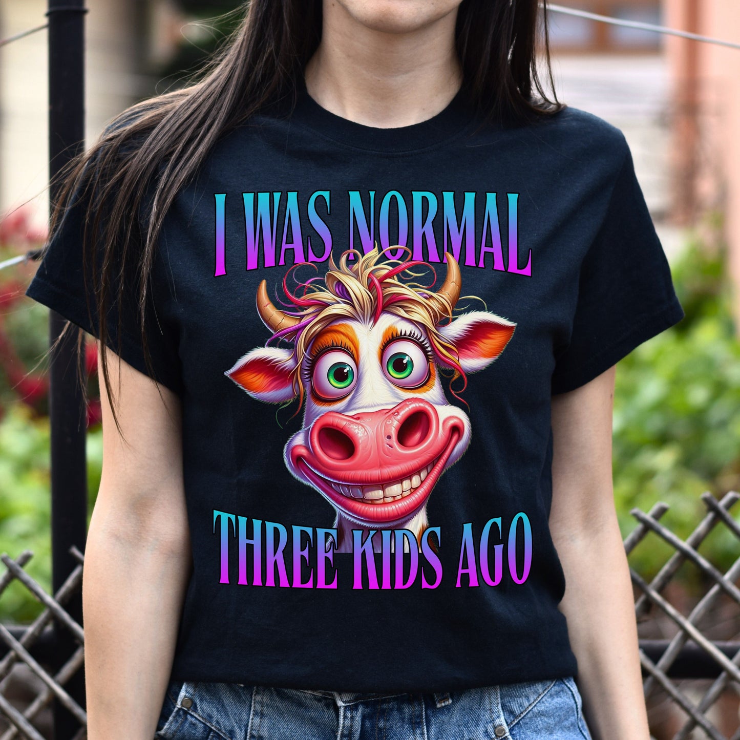 I was normal three kids ago T-Shirt funny Mom of 3 children cow Unisex tee Black Navy Dark Heather-Black-Family-Gift-Planet