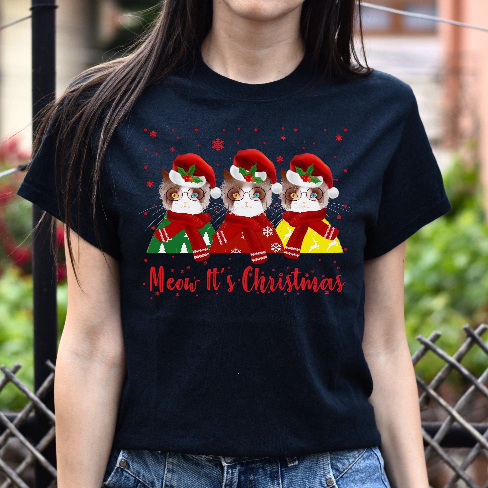 Meow it's Christmas Unisex shirt cat Holyday tee Black Dark Heather-Family-Gift-Planet