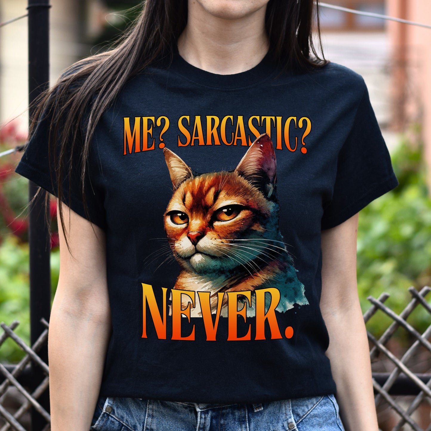 Me sarcastic never T-Shirt Sarcasm cat witty dry humor Unisex tee Black Navy Dark Heather-Black-Family-Gift-Planet