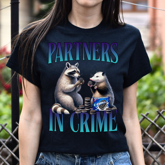 Partners in crime T-Shirt racoon and opossum eat cookies Retro Unisex tee Black Navy Dark Heather-Black-Family-Gift-Planet