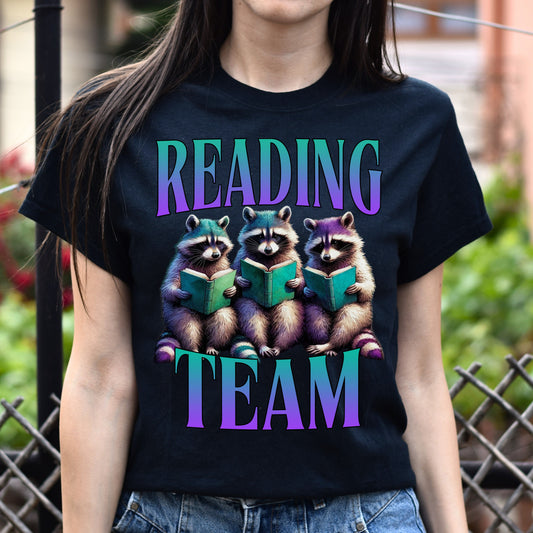 Reading team T-Shirt Reading teacher Racoon Book Librarian gift Unisex tee Black Navy Dark Heather-Black-Family-Gift-Planet