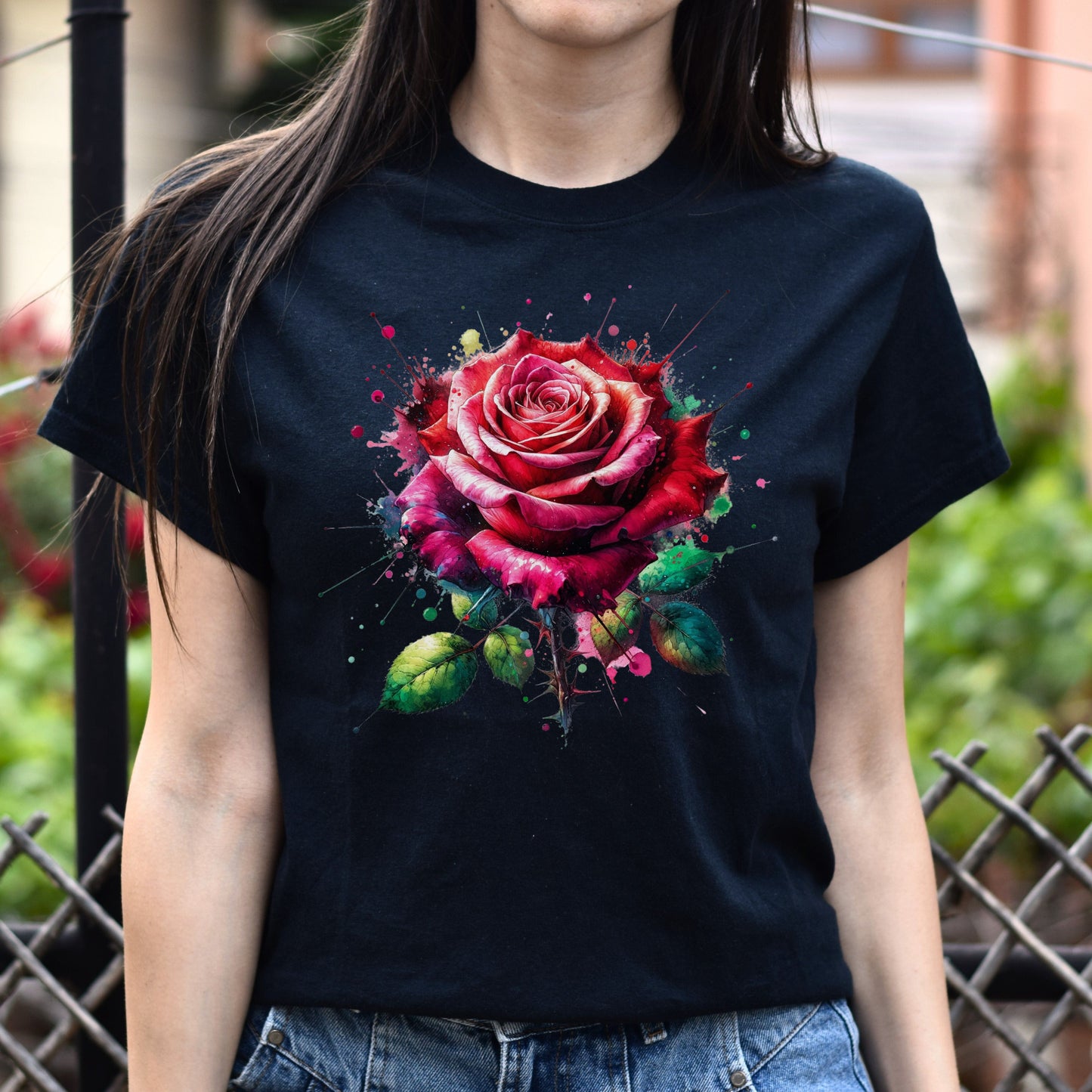 Artistic Rose flower Color Splash Unisex T-shirt Black Navy Dark Heather-Black-Family-Gift-Planet