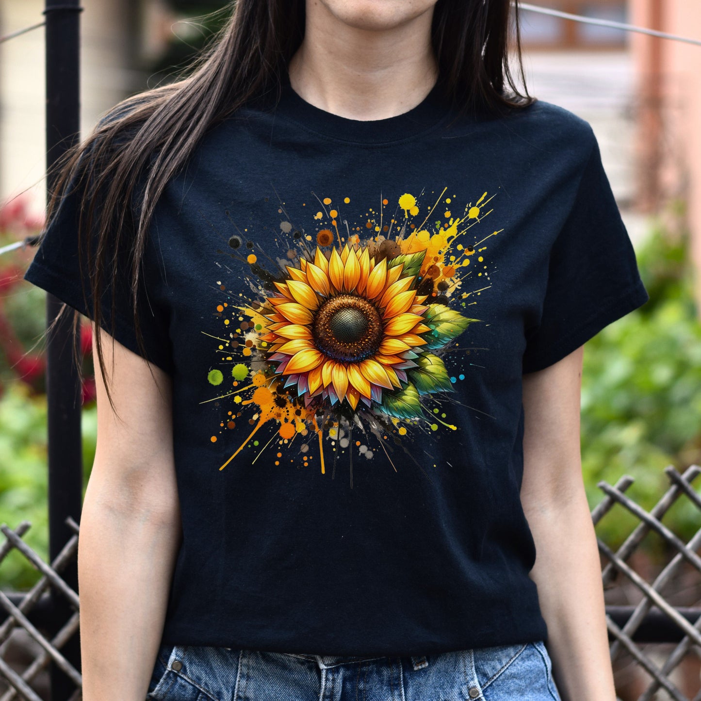 Artistic Sunflower Color Splash Unisex T-shirt Black Navy Dark Heather-Black-Family-Gift-Planet