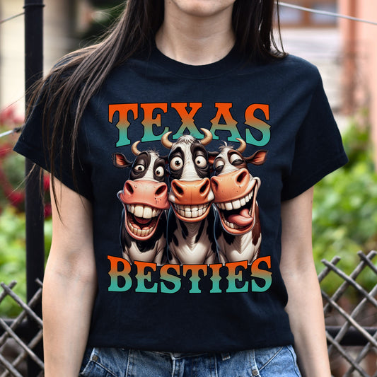 Texas besties T-Shirt Cowgirl funny cows western girl Unisex tee Black Navy Dark Heather-Black-Family-Gift-Planet
